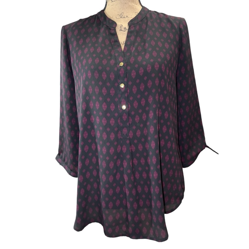 Ivanka Trump purple print on black buttoned front tunic. EC. Size medium